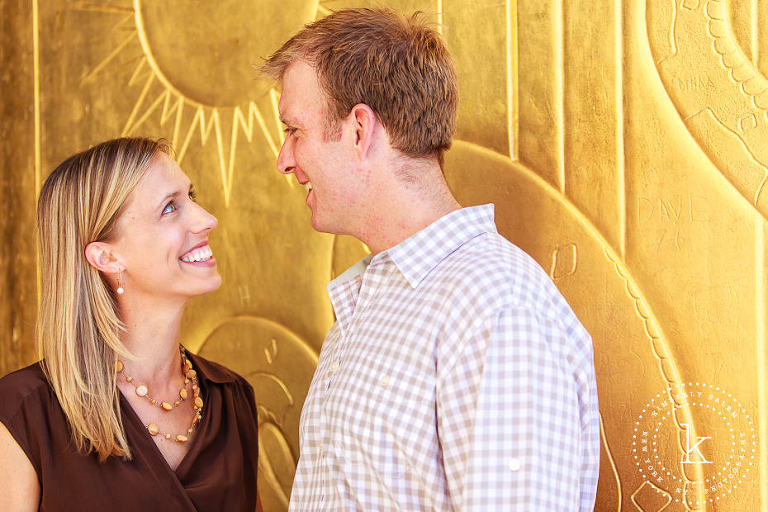 engaged couple at the Brooklyn Library - gold background
