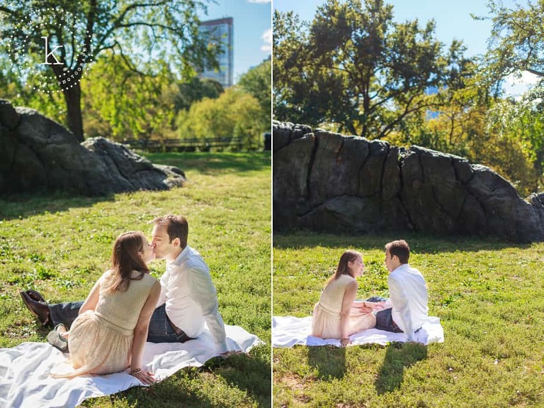 dyptich of engaged couple sitting by a rock in central park