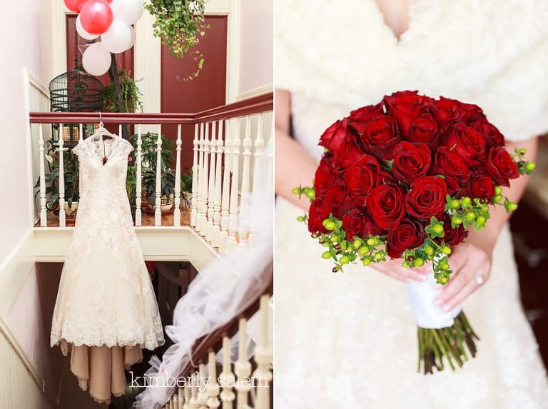 wedding dress and red rose bouquet